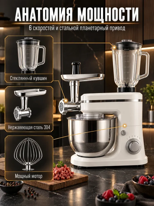 Кухонная машина 3-в-1 (мясорубка, соковыжималка, тестомес), серый