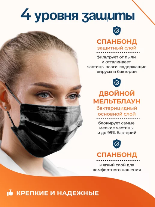 Маска медицинская одноразовая, черный, фото 4