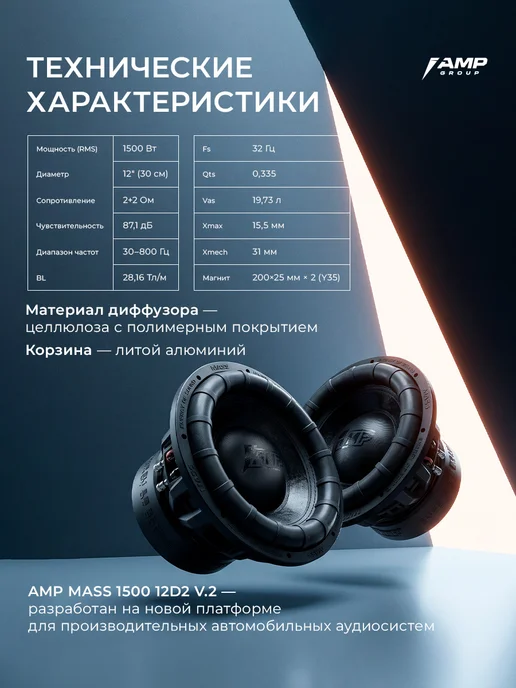 AMP Комплект сабвуфер MASS 1000 12D2 V.2 + усилитель MASS 1.1500, вариант, фото 7
