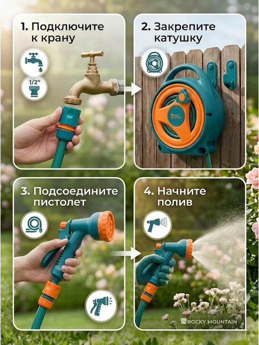 Шланг поливочный на катушке Шланг садовый, синий, фото 4