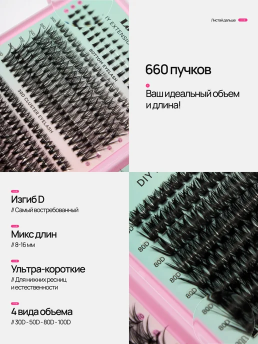 MiraLash Пучки накладных ресниц 30-100 изгиб D с клеем и ремувером, черный, фото 8