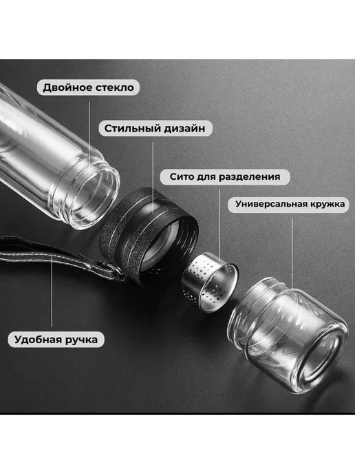 Термокружка для чая 0.5 л, стекло Черный, 0,5 л, фото 2