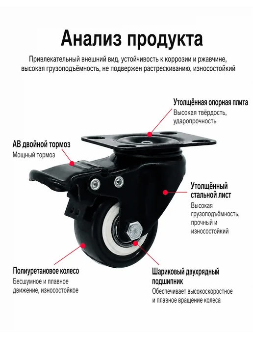Мебельные колесики поворотные для передвижения мебели, черный, фото 5
