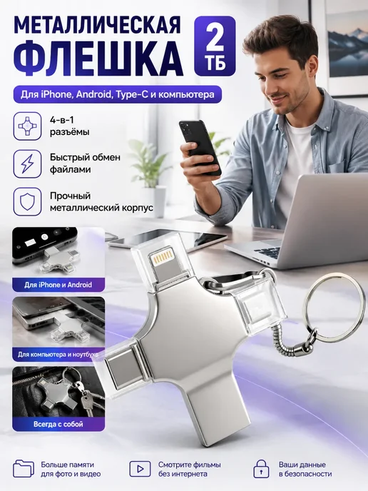 Металлическая флешка для iphone накопитель USB 2 ТБ, 2 ТБ