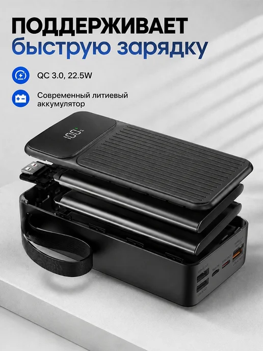 Yuzont Повербанк 50000 мА·ч с быстрой зарядкой для Iphone и Android, черный, фото 4