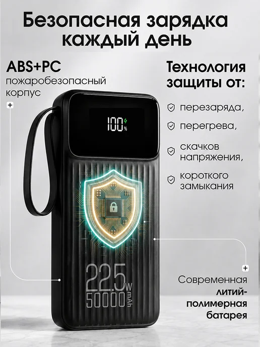 Yuzont Повербанк 50000 мА·ч с быстрой зарядкой для Iphone и Android, черный, фото 5