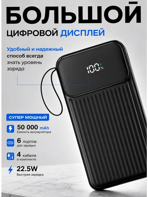Yuzont Повербанк 50000 мА·ч с быстрой зарядкой для Iphone и Android, черный, фото 6