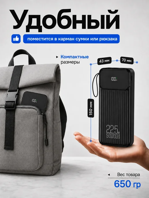 Yuzont Повербанк 50000 мА·ч с быстрой зарядкой для Iphone и Android, черный, фото 7