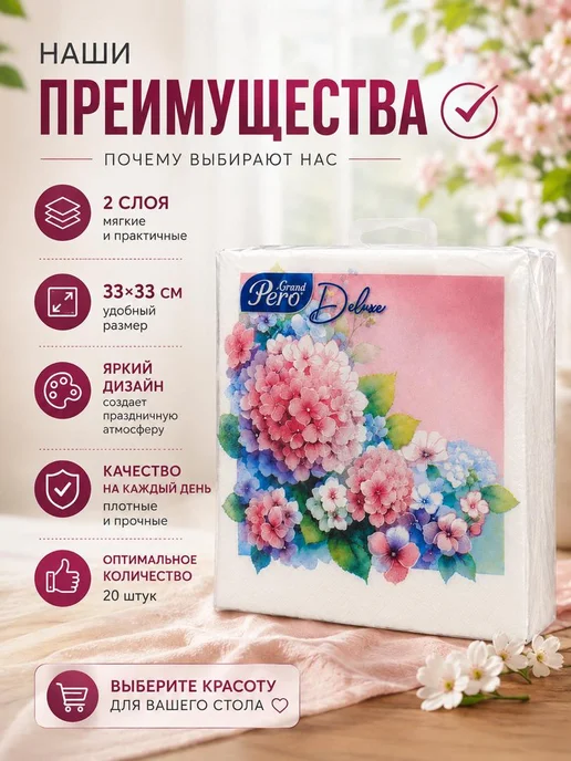 мадэ Декоративные бумажные салфетки с цветочным рисунком, 20 шт, фото 2