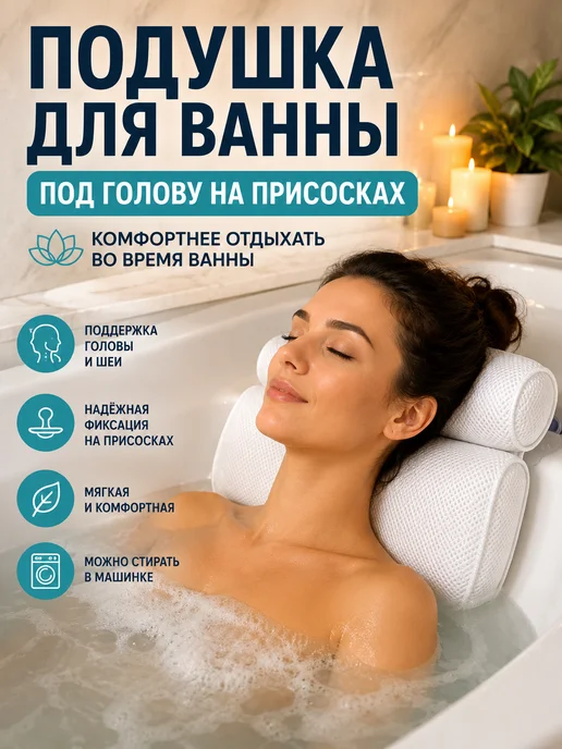 LumiStore Подушка для ванны под голову на присосках, 35×30 см, белая, 35x30 см