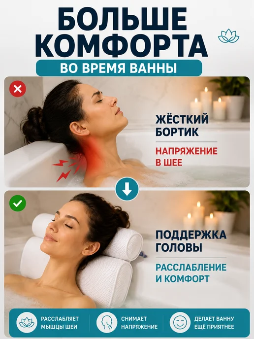 LumiStore Подушка для ванны под голову на присосках, 35×30 см, белая, 35x30 см, фото 2