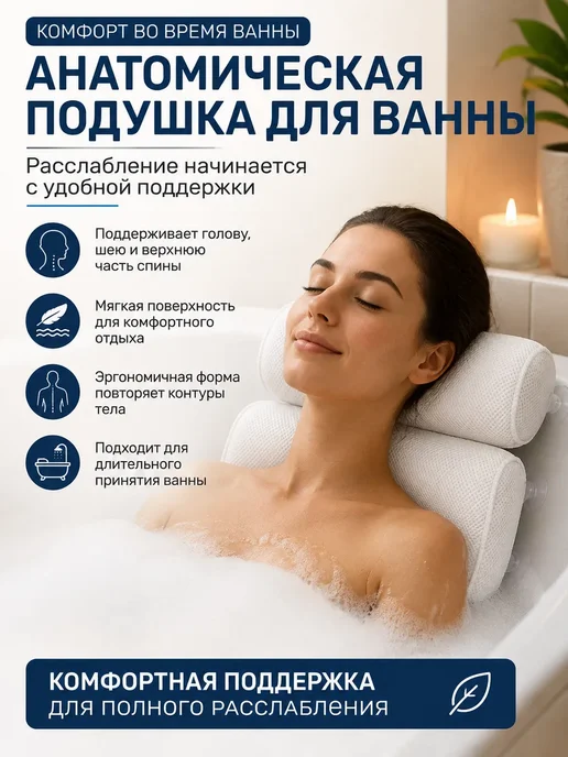 asiahome Подушка для ванны под голову на присосках, белый