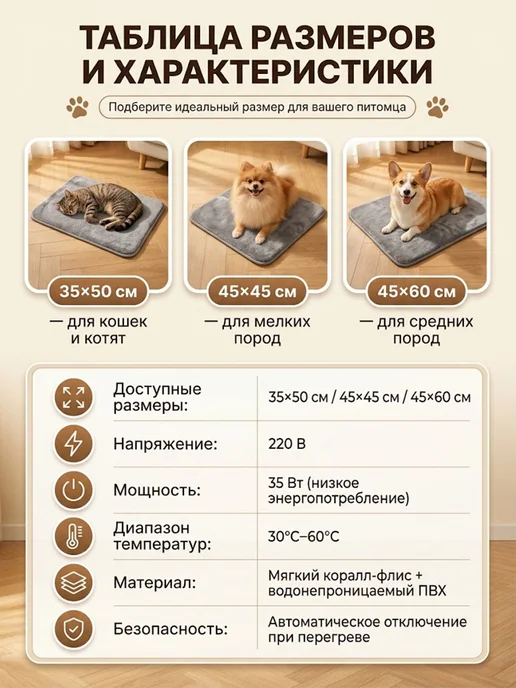 Электрогрелка лежанка для животных 45х45 см, 35–60℃, 45x45 см, фото 5