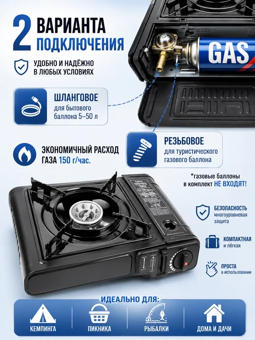 Портативная газовая плитка туристическая для кемпинга и дачи, черный, фото 2