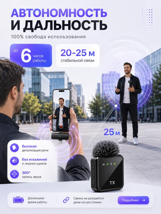 Микрофон петличный беспроводной для iPhone и Android, вариант, фото 7