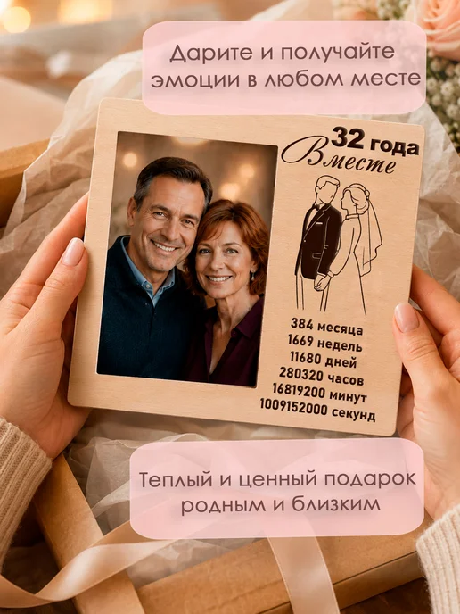 Мастерская Древо Фоторамка подарок на годовщину свадьбы 32 год, бежевый, фото 6