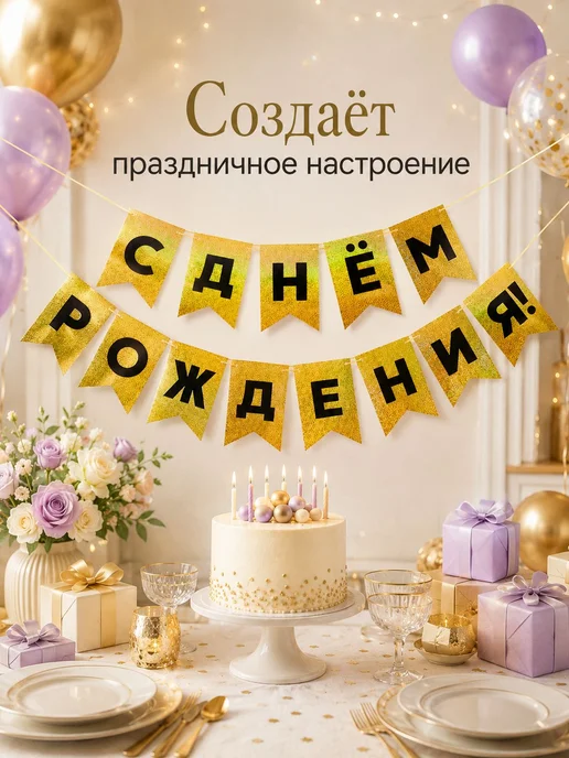 Гирлянда растяжка 200 см 1 шт картон золотой, 1 шт, фото 7