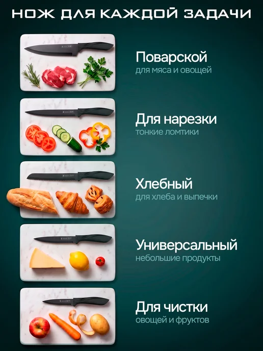 Ножи кухонные набор на подставке 6 шт нержавеющая сталь, 6 шт, фото 2