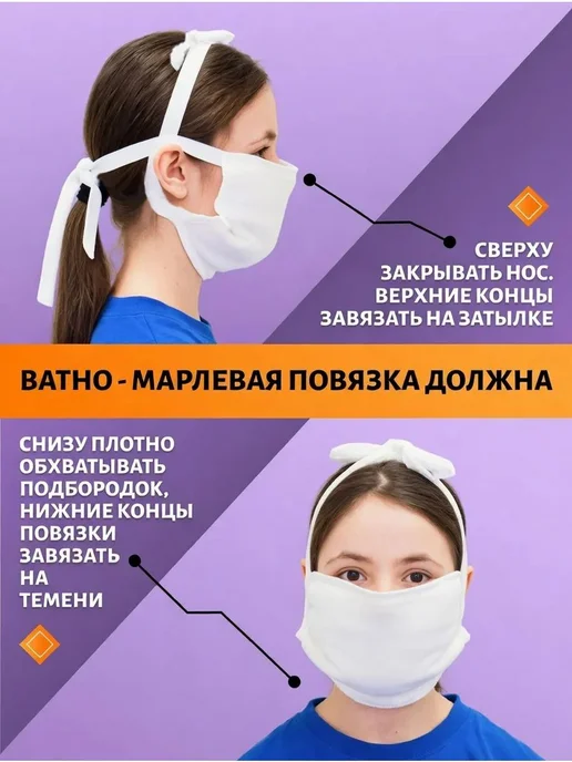 Маска-повязка на лицо, 5 шт, белая, 15×20 см, 15x20 см, 5 шт, фото 3