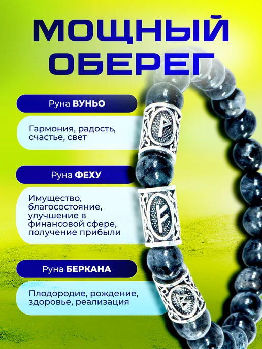 Браслет из камней с рунами из лабрадорита, серый, фото 2