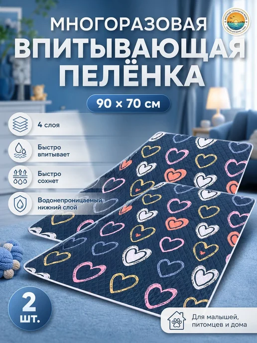 Многоразовая впитывающая пеленка для собак 90х70 см, 2 шт, 90x70 см, 2 шт