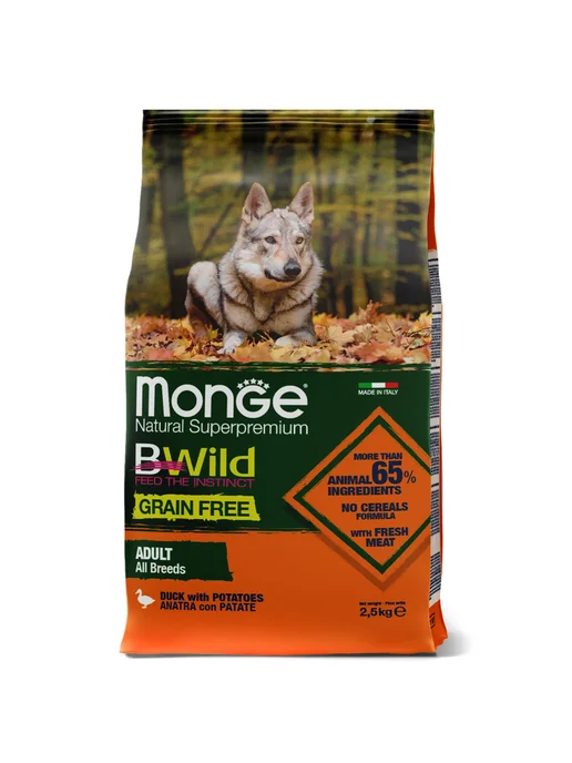 Сухой корм MONGE Bwild Grain для собак, беззерновой, утка, 2,5 кг