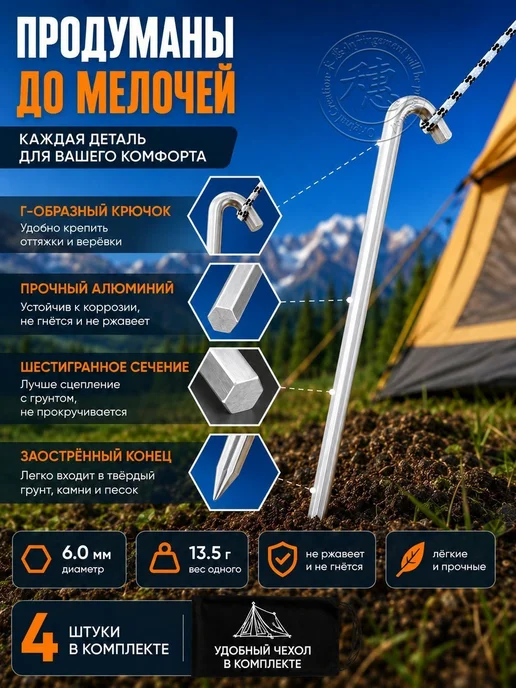 Колышки для палатки усиленные металлические, 4 шт, 18 см, 4 шт, фото 7