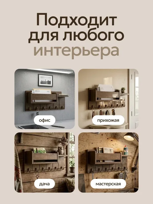 Ключница настенная в прихожую деревянная, коричневый, фото 4