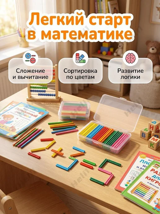 Счетные палочки детские 100 шт, 5 цветов, в контейнере, 100 шт, 5 цв., фото 2