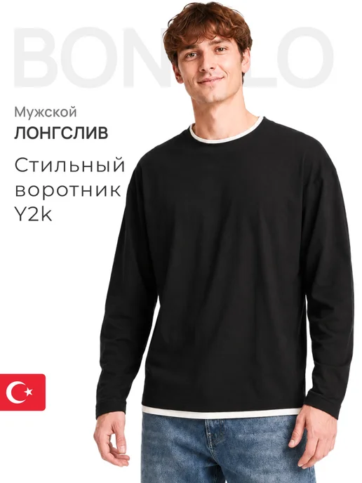 BONQLO Лонгслив оверсайз двойной с длинным рукавом, черный, фото 2