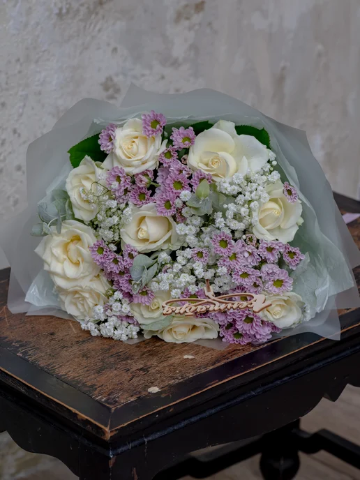 Rurose Букет живых цветов роз, сантини и зелени 'Аромат чистоты', зеленый, фото 4