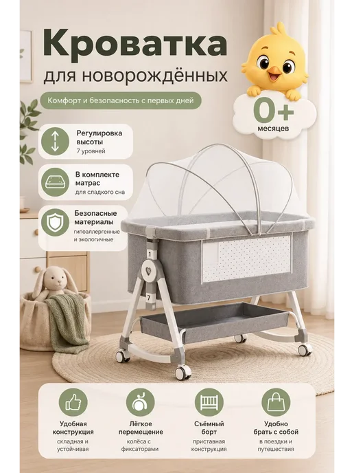 Приставная кроватка для новорожденного люлька колыбель 2в1, серый