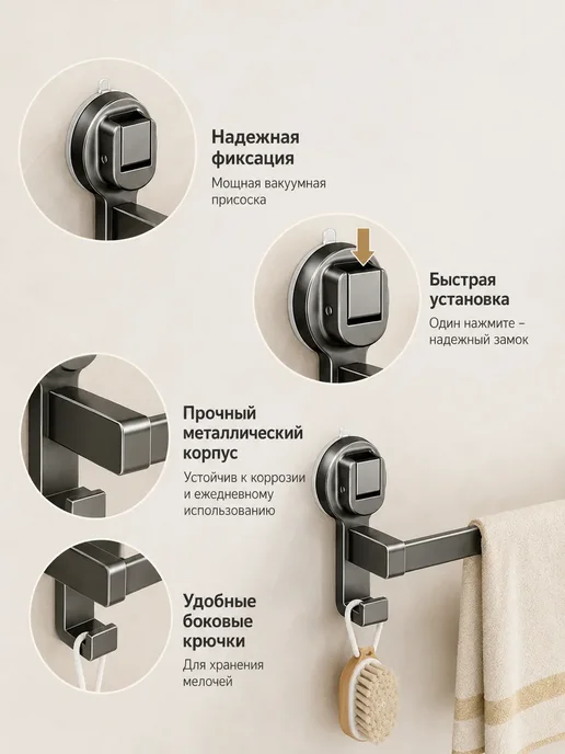 Держатель для полотенец и тапочек на присосках 70 см, серый, фото 5