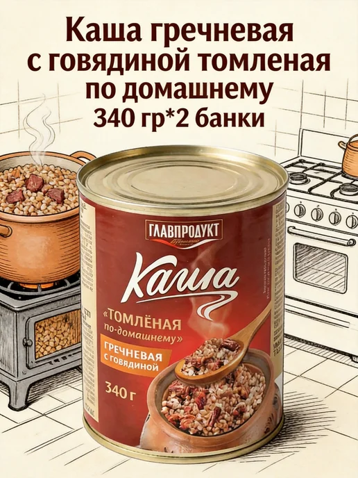ГлавПродукт Каша гречневая с говядиной 340г*2 банки, 340 г