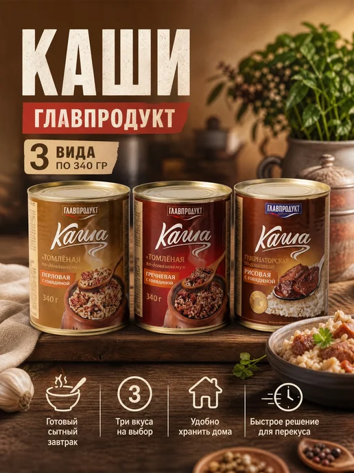 ГлавПродукт Каши перловая,рисовая,гречневая 340 гр *3 банки с говядиной, 340 г