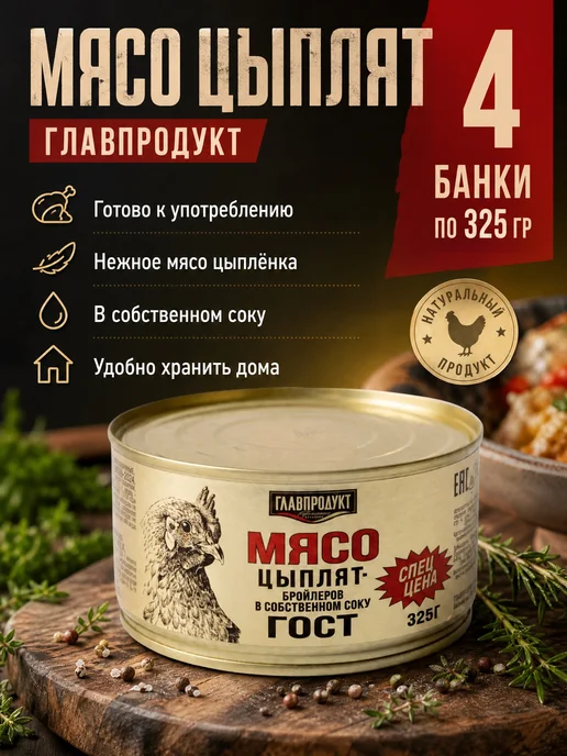 ГлавПродукт Мясо цыпленка в собственном соку ж б 325г *4 банки, 325 г, фото 2