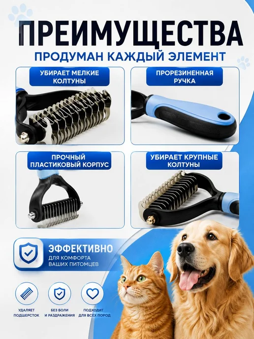 Расческа для кошек и собак от шерсти и колтунов 2 в 1, голубой, фото 2