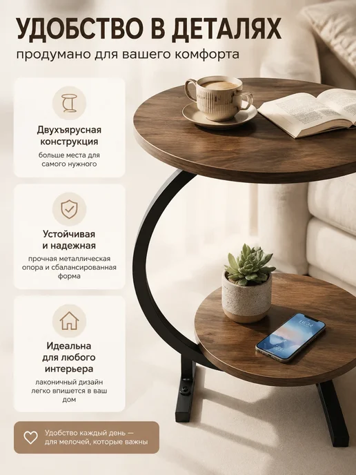 Столик приставной к дивану журнальный круглый кофейный, коричневый, фото 2