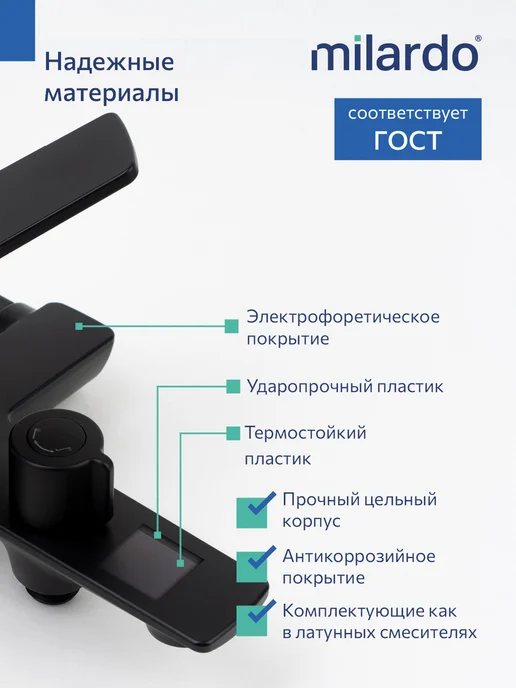 Milardo Смеситель для ванны с душевой лейкой и шлангом, черный, фото 5