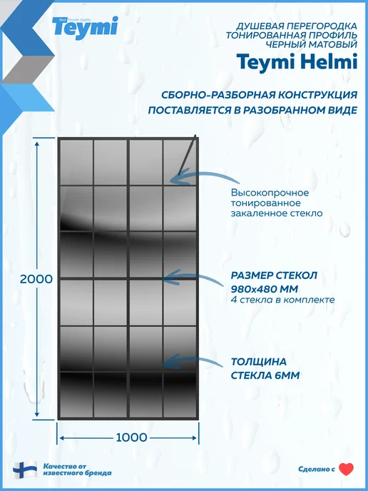 Teymi Душевая перегородка 100x200 профиль черный Helmi T00308, 100x200, фото 3