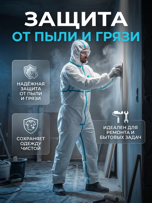 Комбинезон защитный одноразовый,для ремонта,костюм Каспер, белый, фото 7
