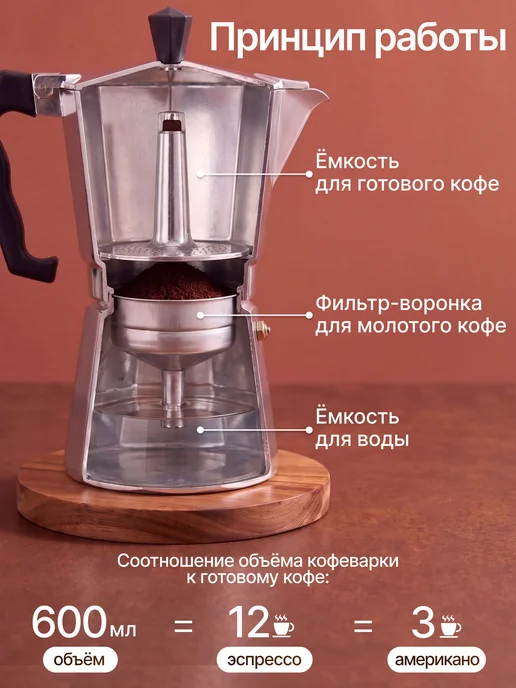 Homa Кофеварка гейзерная 450 мл для газовой плиты, 600 мл, фото 7