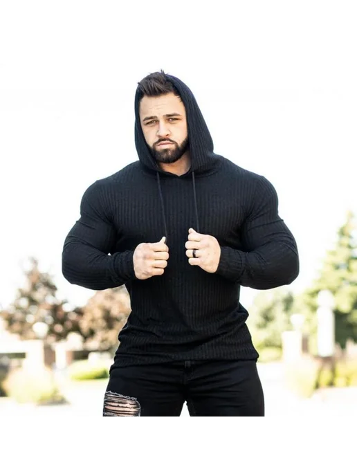 MACHINEFITNESS Свитер мужской с капюшоном, повседневный приталенный спортив, серый, фото 6