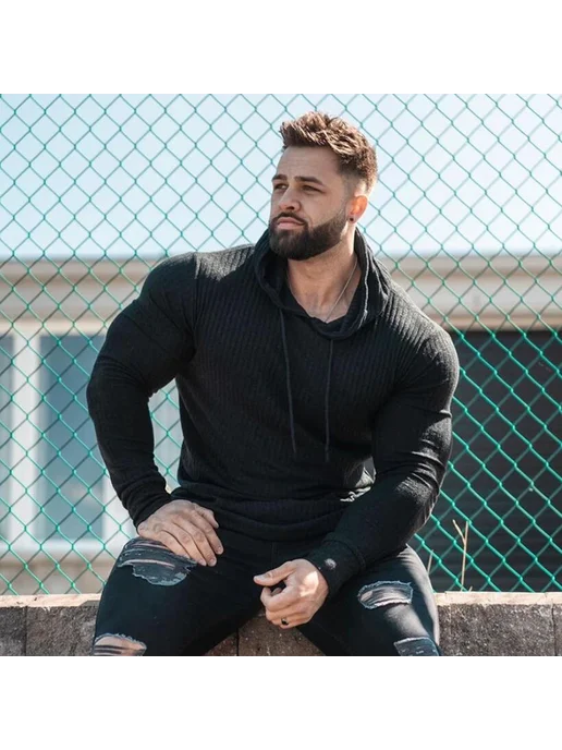 MACHINEFITNESS Свитер мужской с капюшоном, повседневный приталенный спортив, белый, фото 2