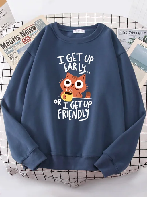 HAMPSON LANQE Женская толстовка I Get Up Are Lazy Cute Cat oversize полиэс, бежевый, фото 2